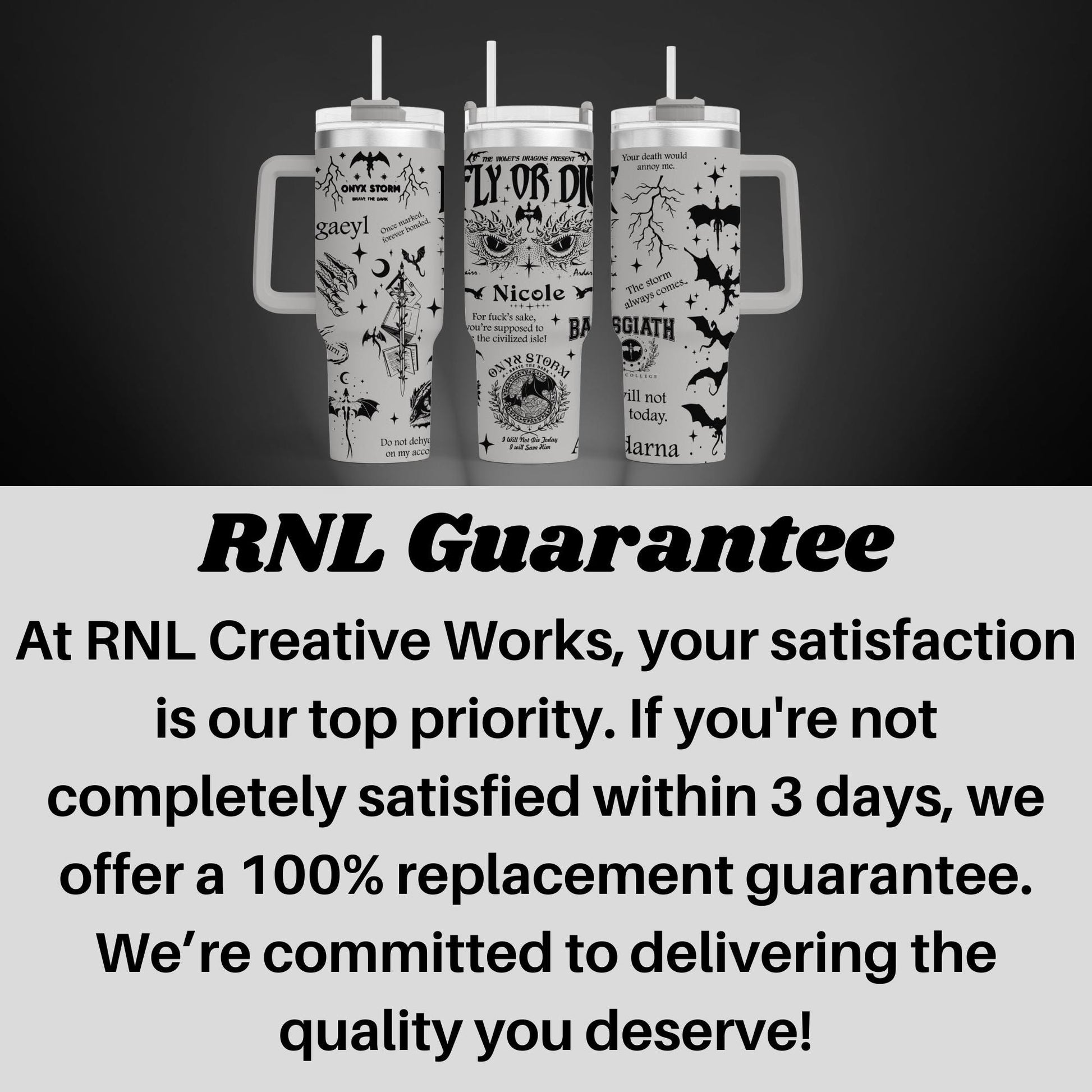 a black and white photo of three tumblers with the caption rnl guarantee
