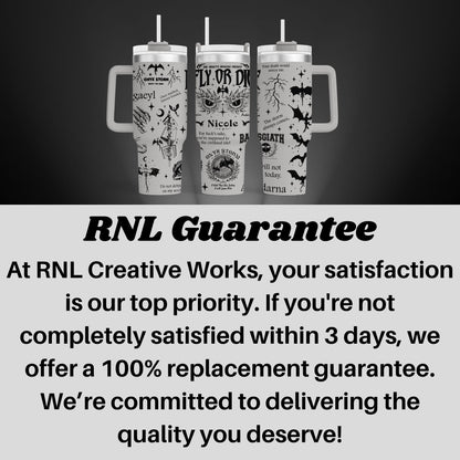 a black and white photo of three tumblers with the caption rnl guarantee