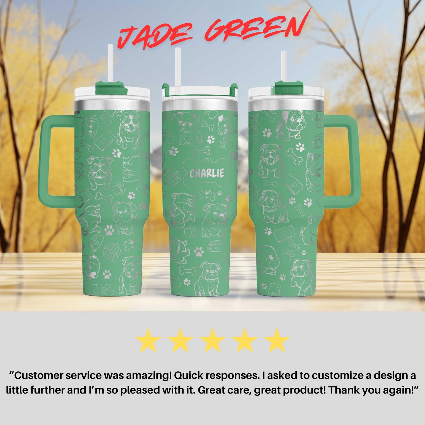 three green travel mugs sitting on top of a table