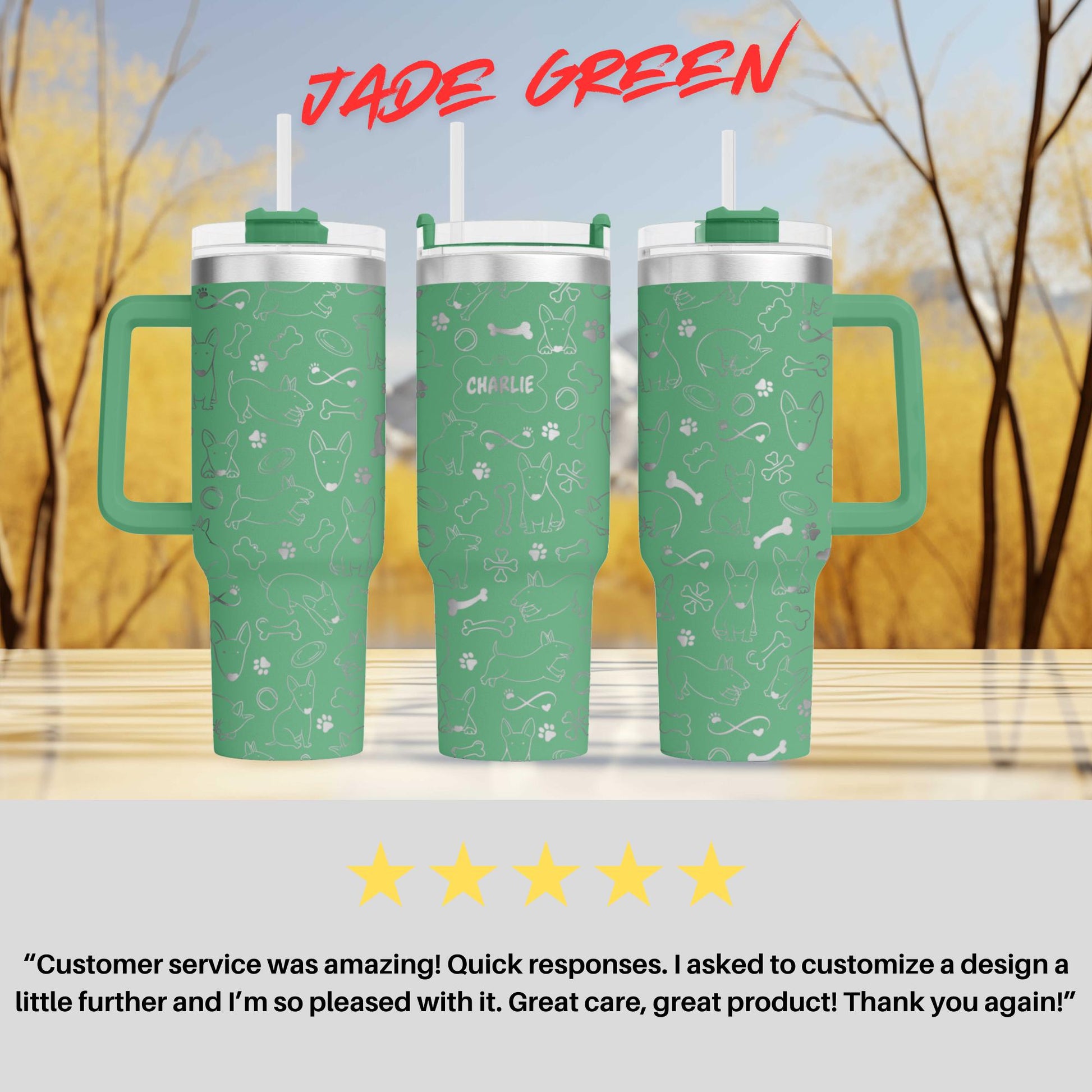 three green travel mugs sitting on top of a table