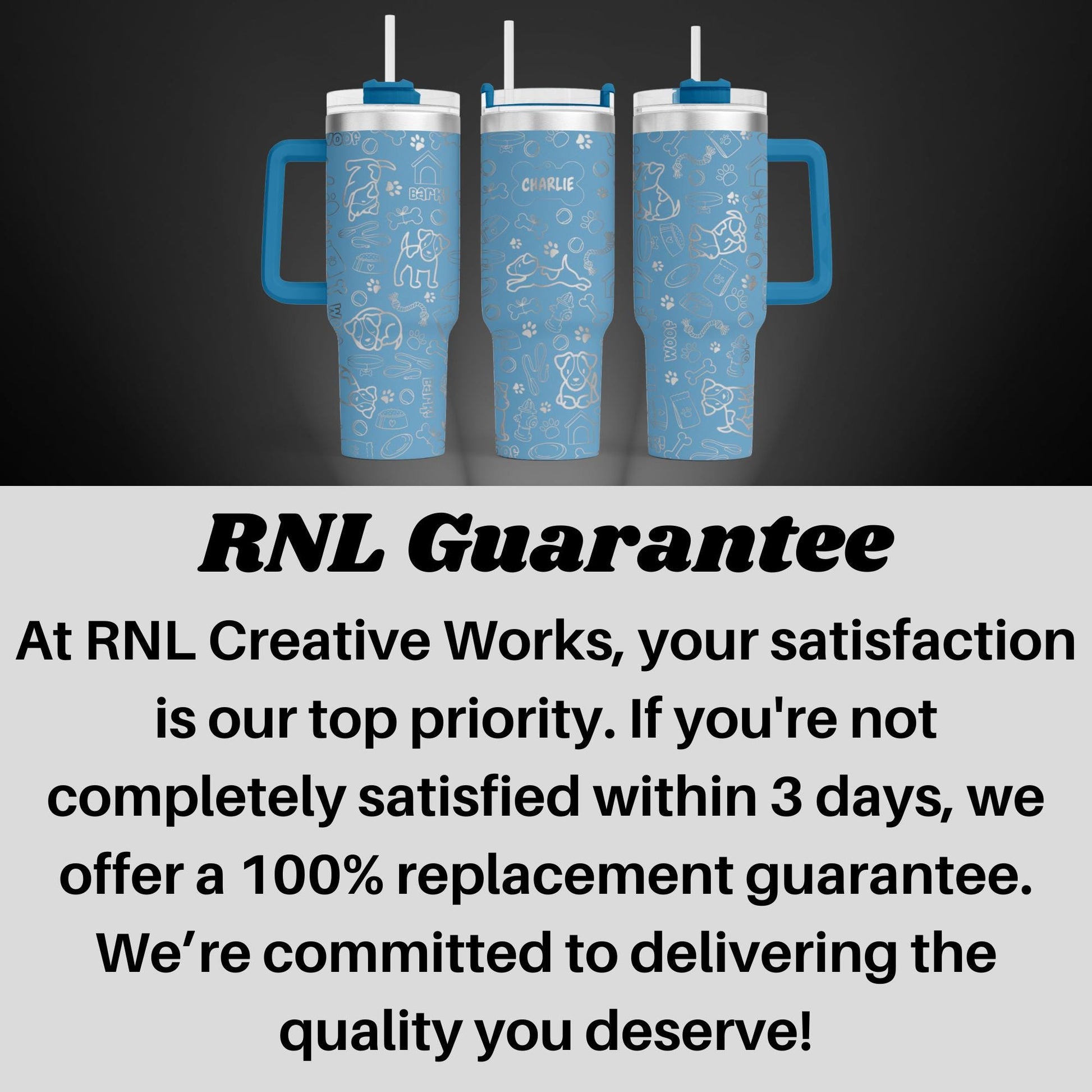 three blue travel mugs with writing on them
