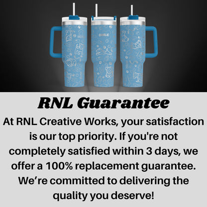 three blue travel mugs with writing on them