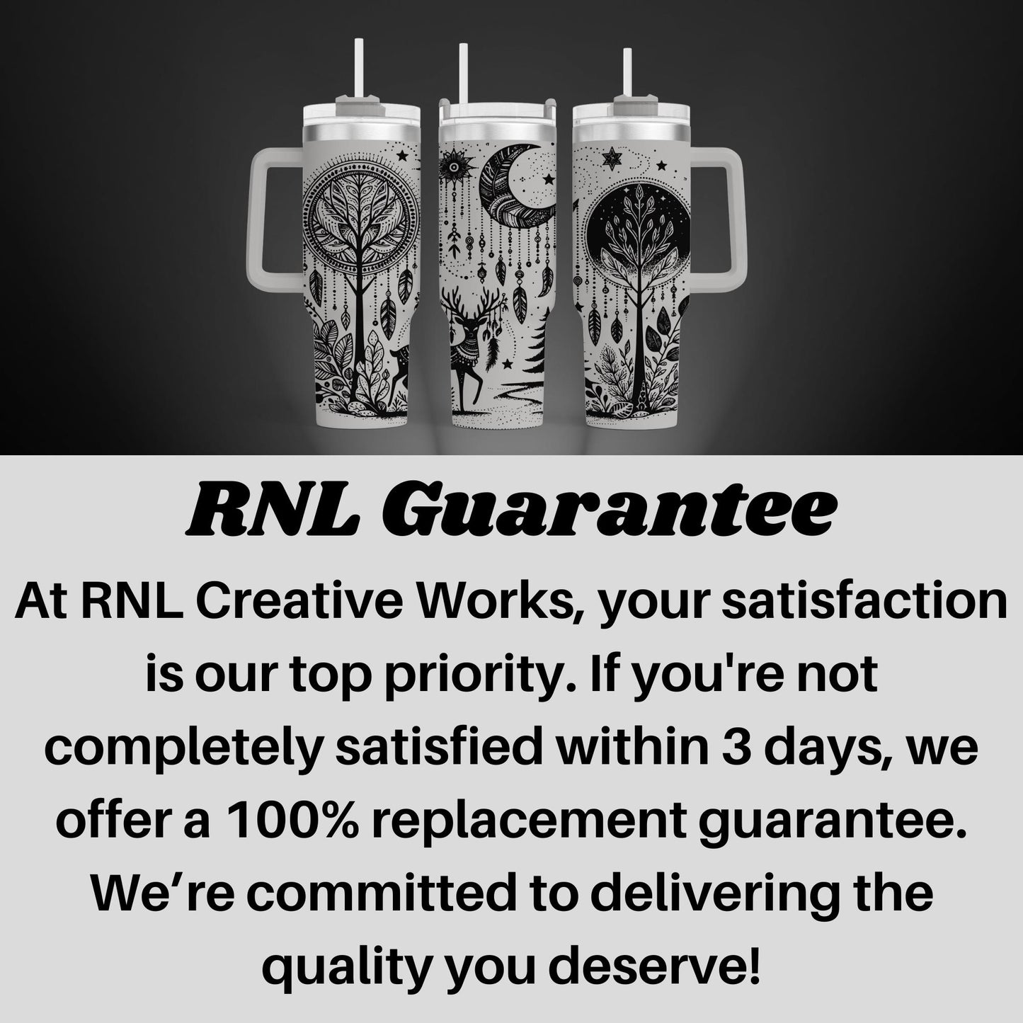 a black and white photo of two mugs with the caption rnl guarantee