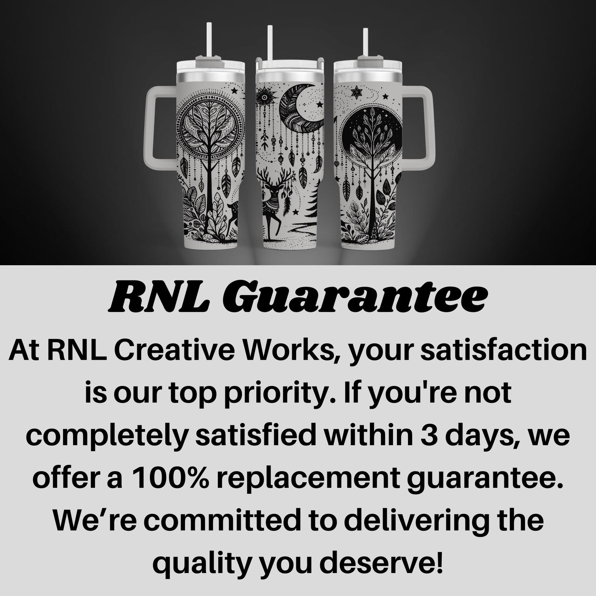 a black and white photo of two mugs with the caption rnl guarantee