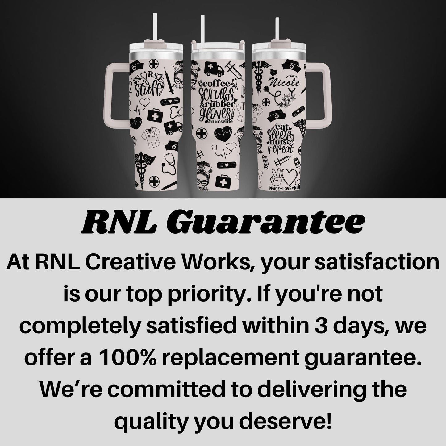 three white cups with black and white designs on them