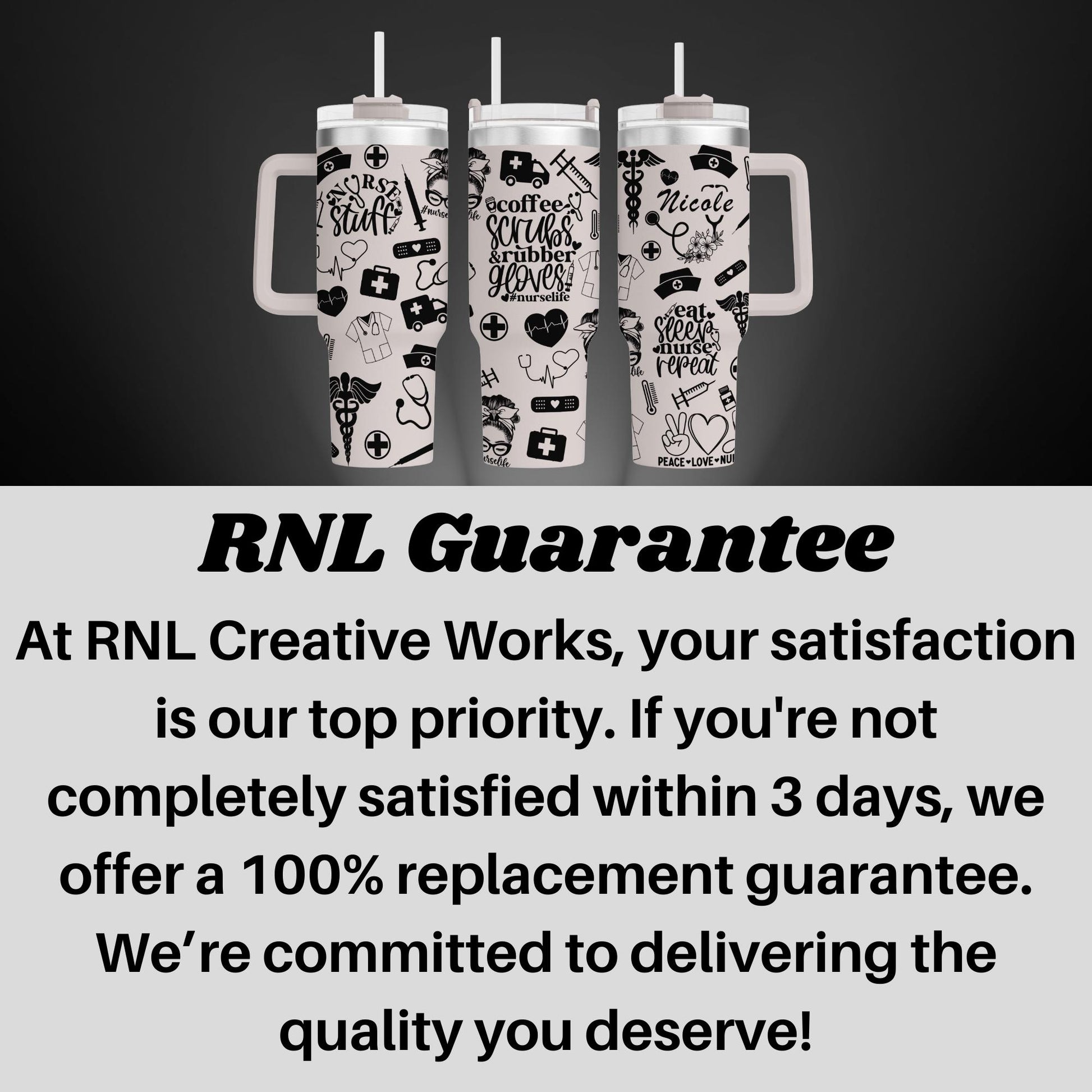 three white cups with black and white designs on them
