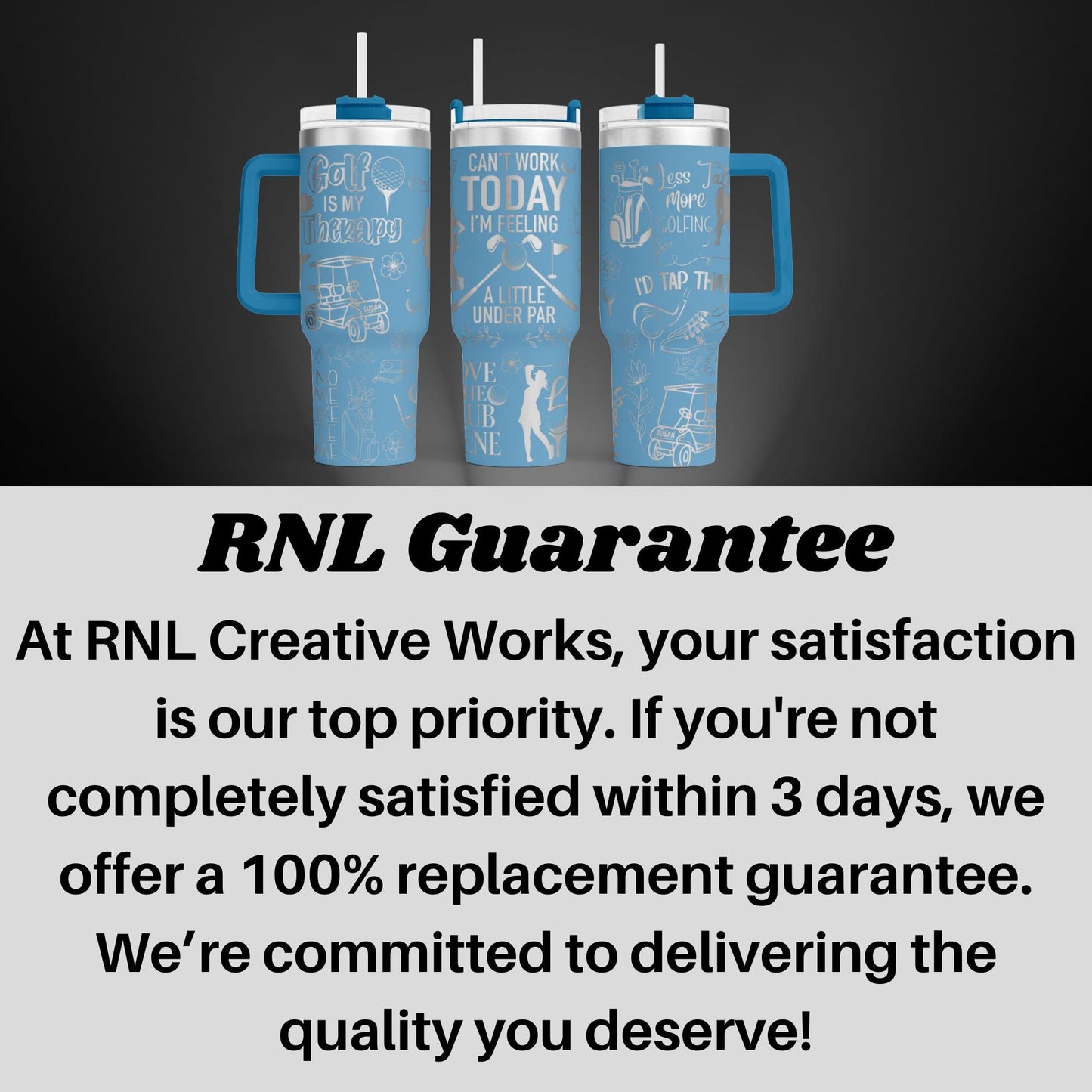 three travel mugs with the words rni guarantee