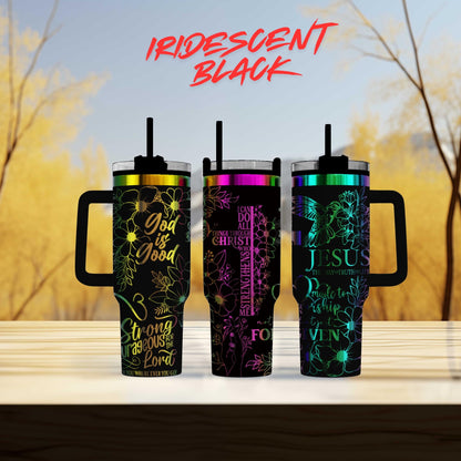 three colorful tumblers sitting on top of a wooden table