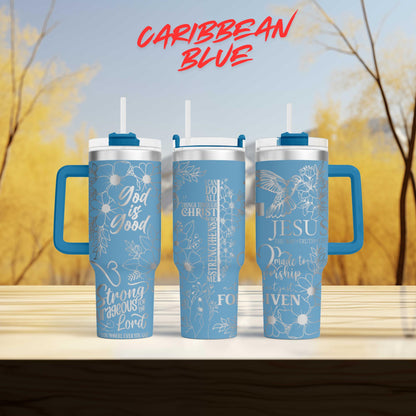three travel mugs sitting on top of a wooden table
