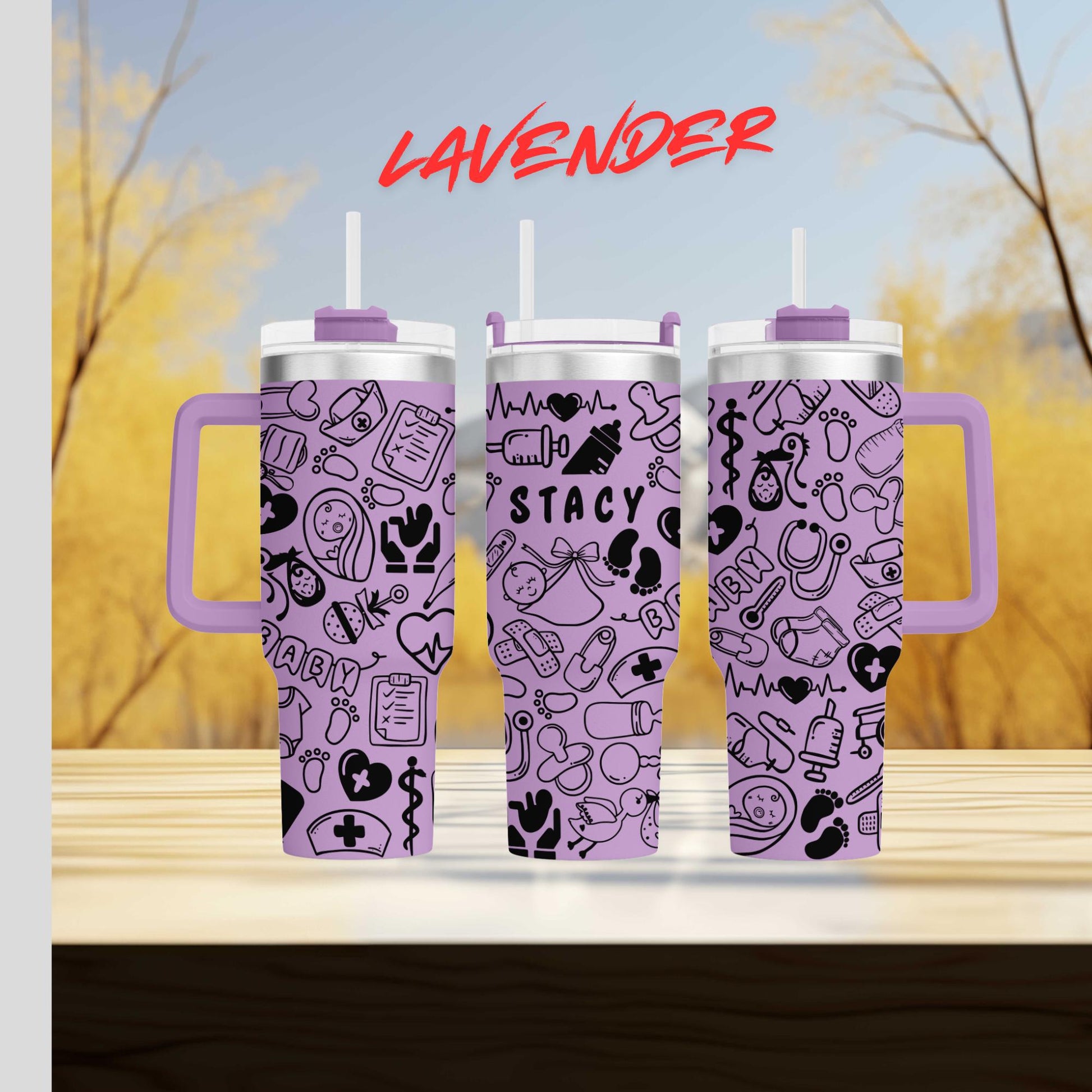 a couple of purple cups sitting on top of a wooden table