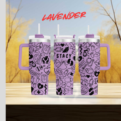 a couple of purple cups sitting on top of a wooden table