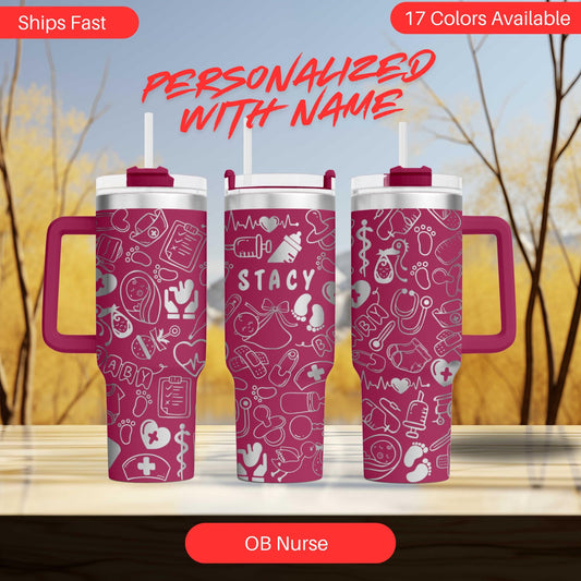 a couple of pink tumblers sitting on top of a table