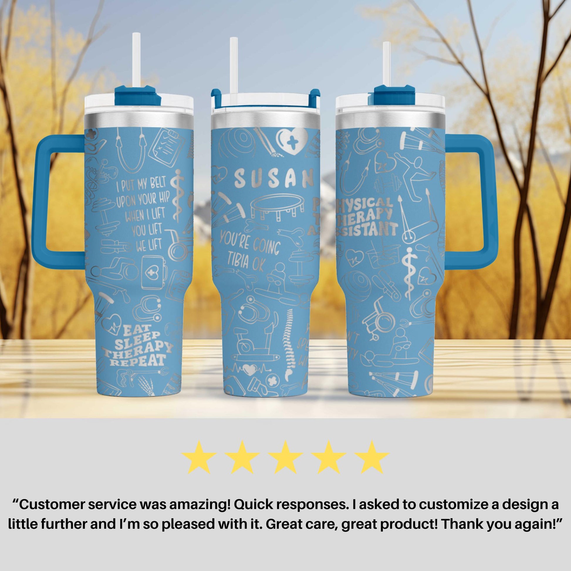 three blue travel mugs with white writing on them