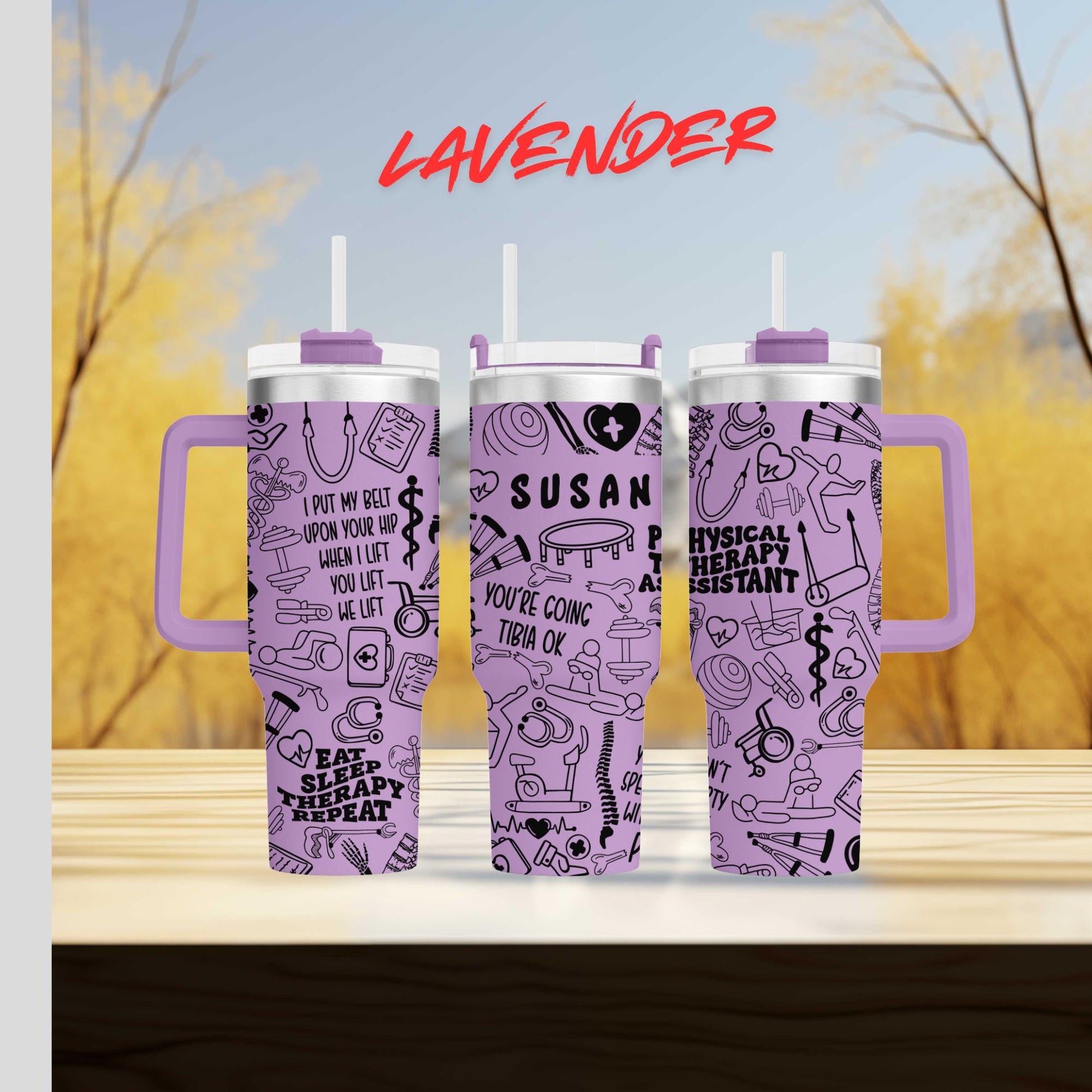 a couple of purple cups sitting on top of a wooden table