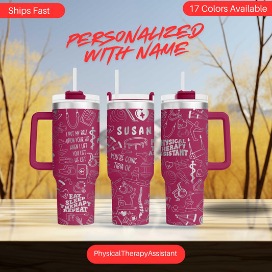 three personalized tumblers with names on them