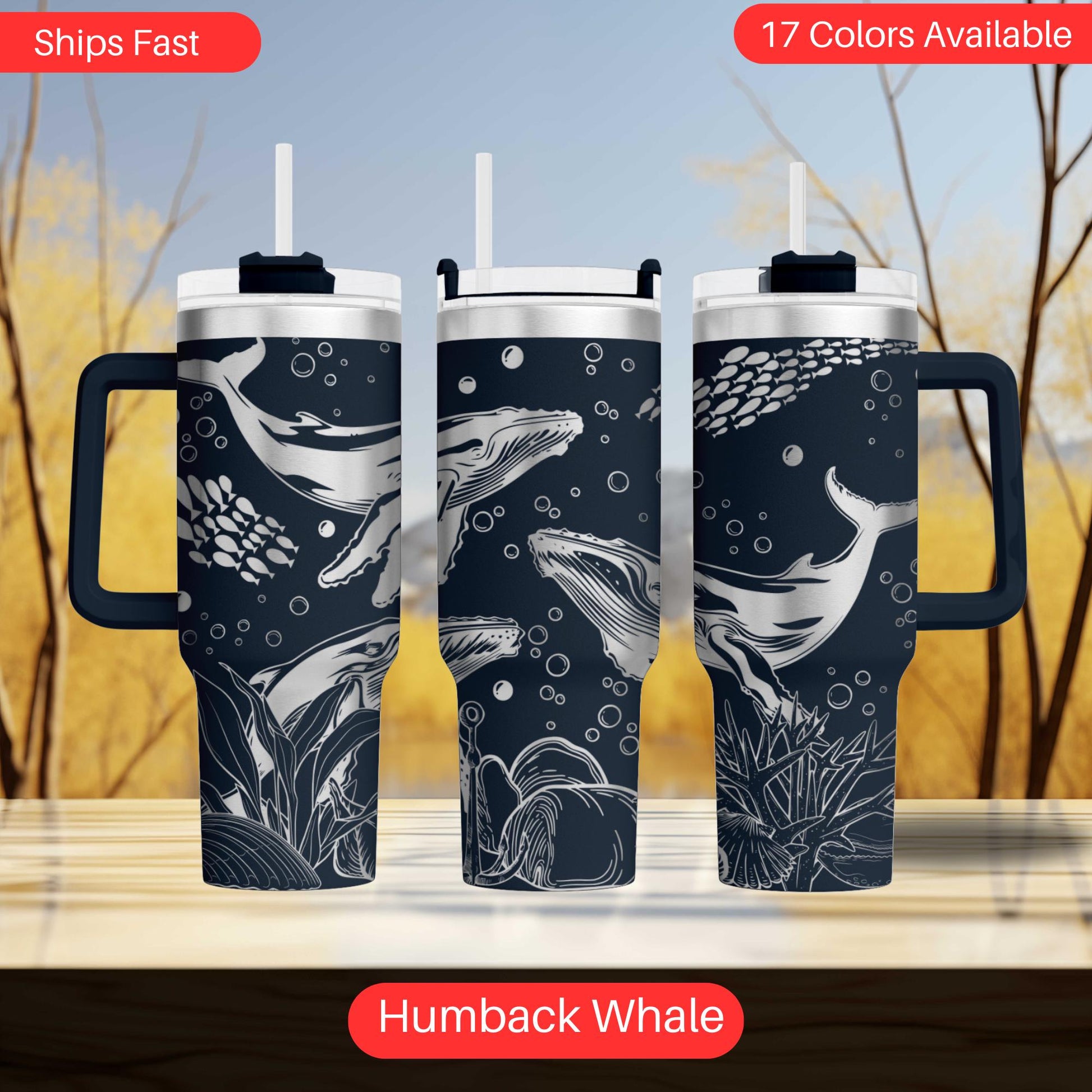 a set of three travel mugs with different designs on them