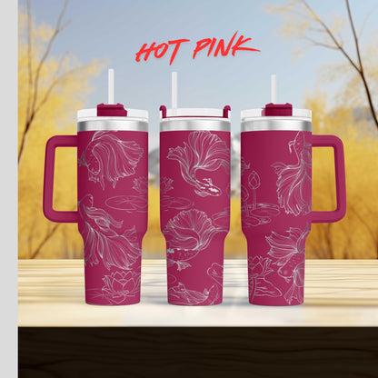 three pink coffee mugs sitting on top of a wooden table