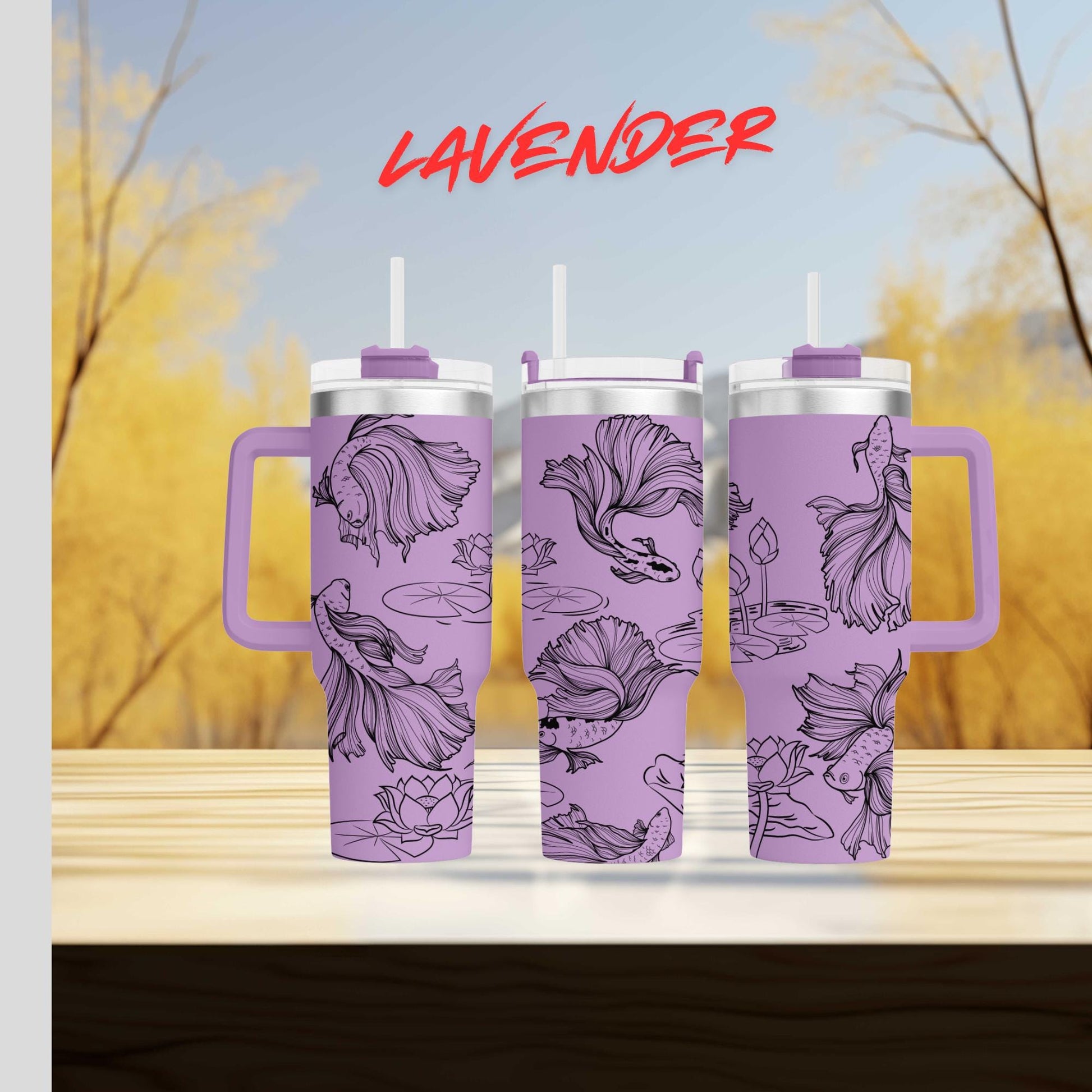 three travel mugs sitting on top of a wooden table