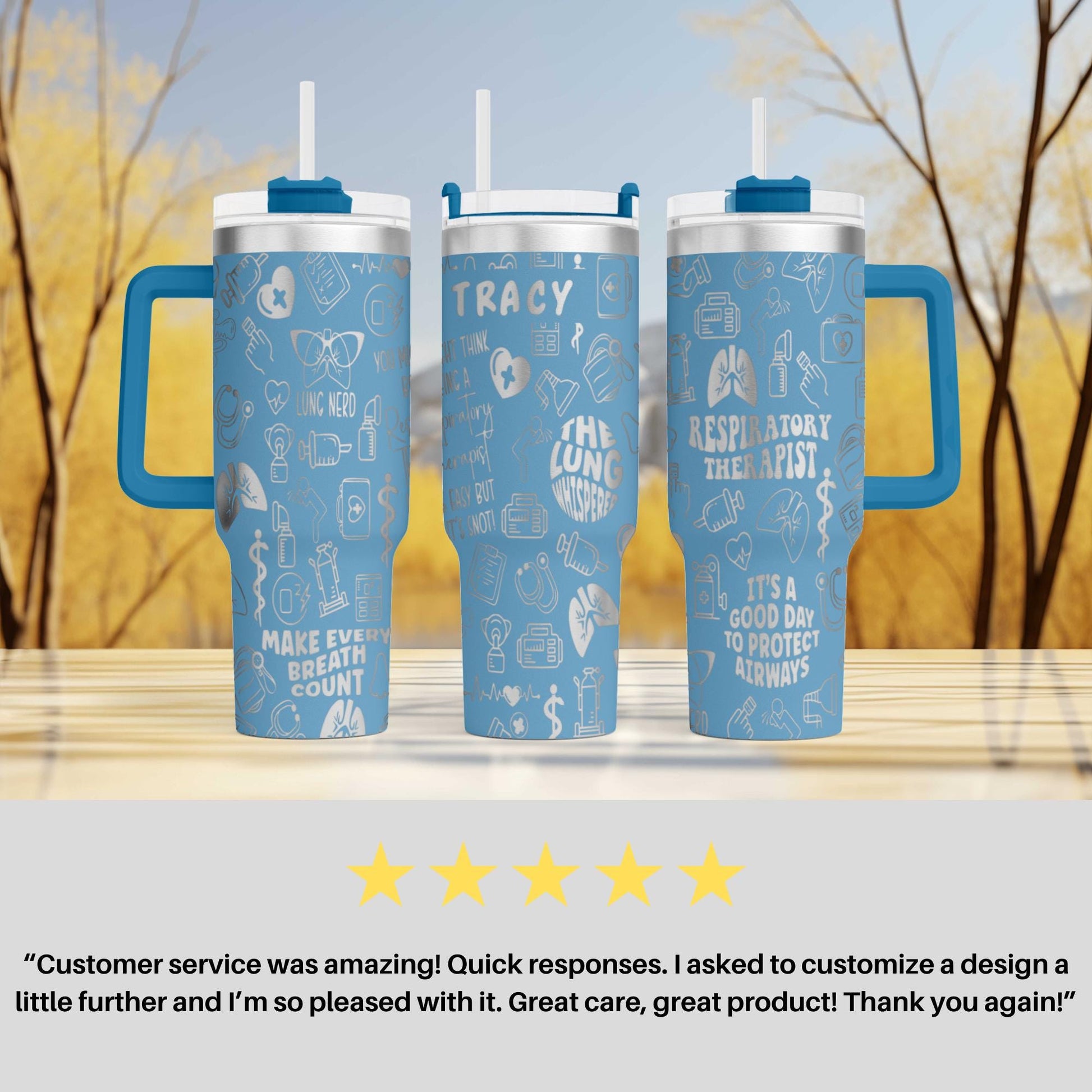 a couple of blue cups sitting on top of a table