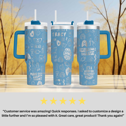 a couple of blue cups sitting on top of a table