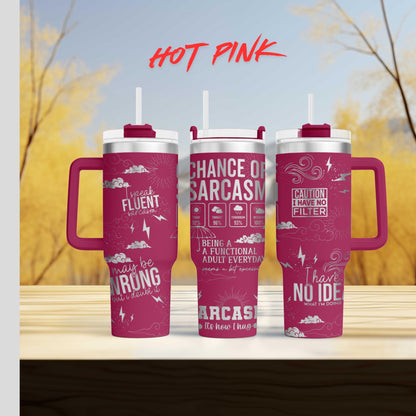 three pink travel mugs sitting on top of a wooden table