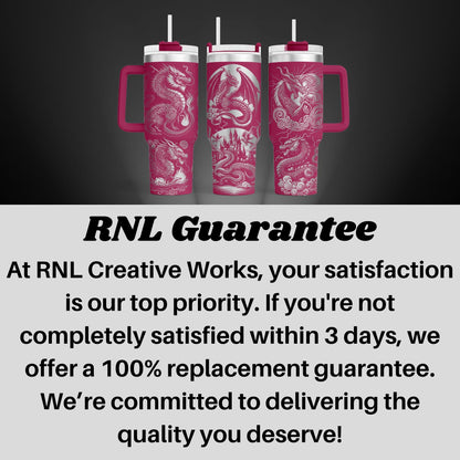 three pink mugs with the words rni guarantee