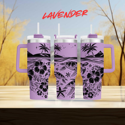 a couple of purple cups sitting on top of a wooden table