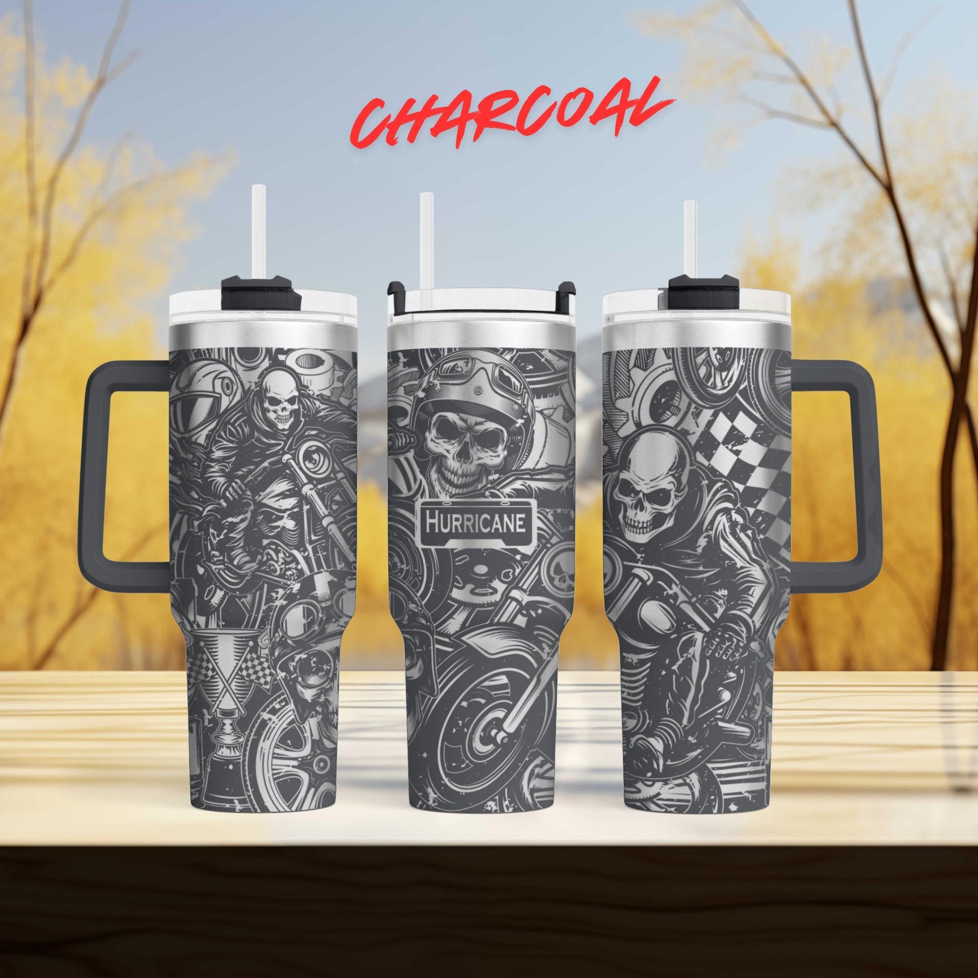 three travel mugs sitting on top of a wooden table