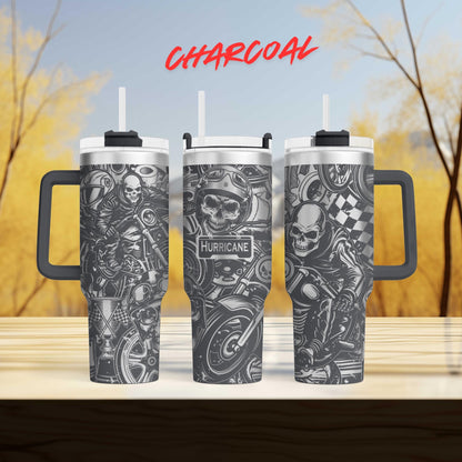 three travel mugs sitting on top of a wooden table