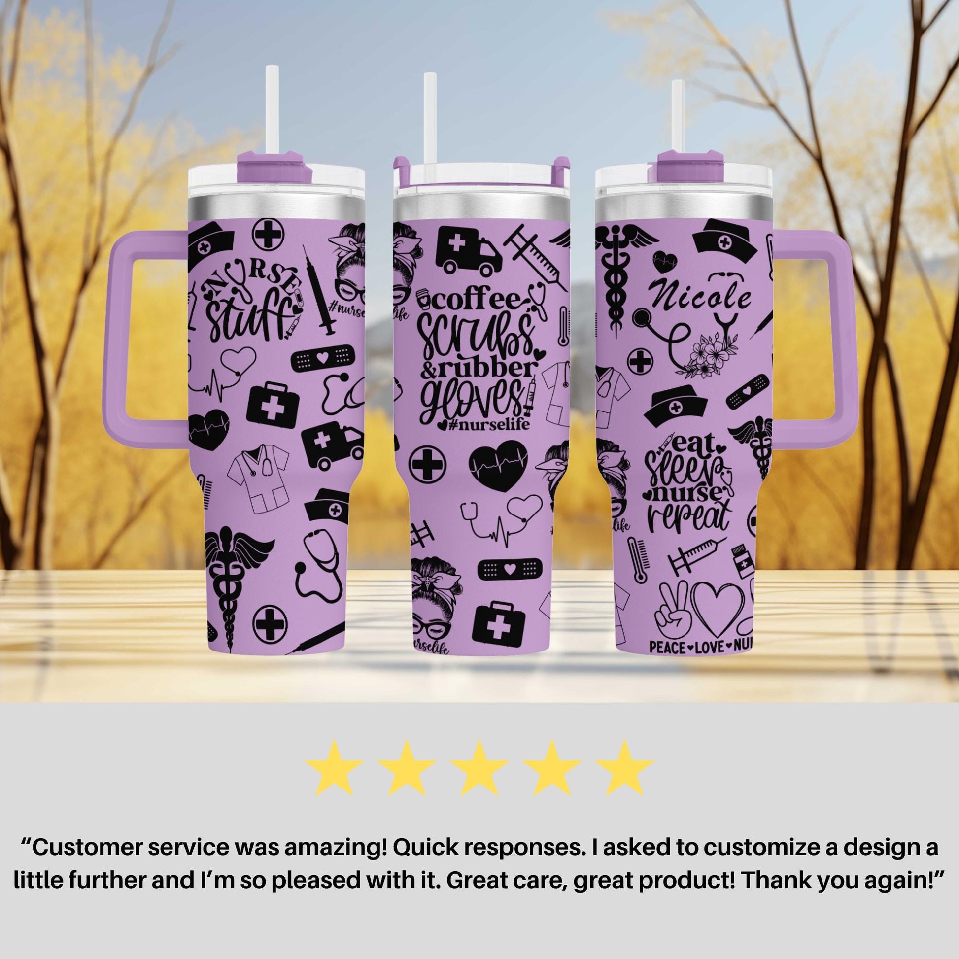a set of three travel mugs sitting on top of a table