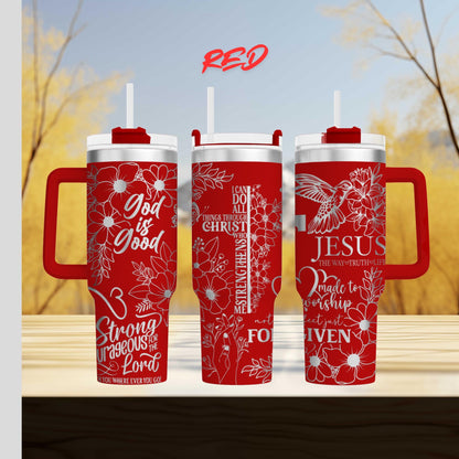 three red travel mugs sitting on top of a wooden table