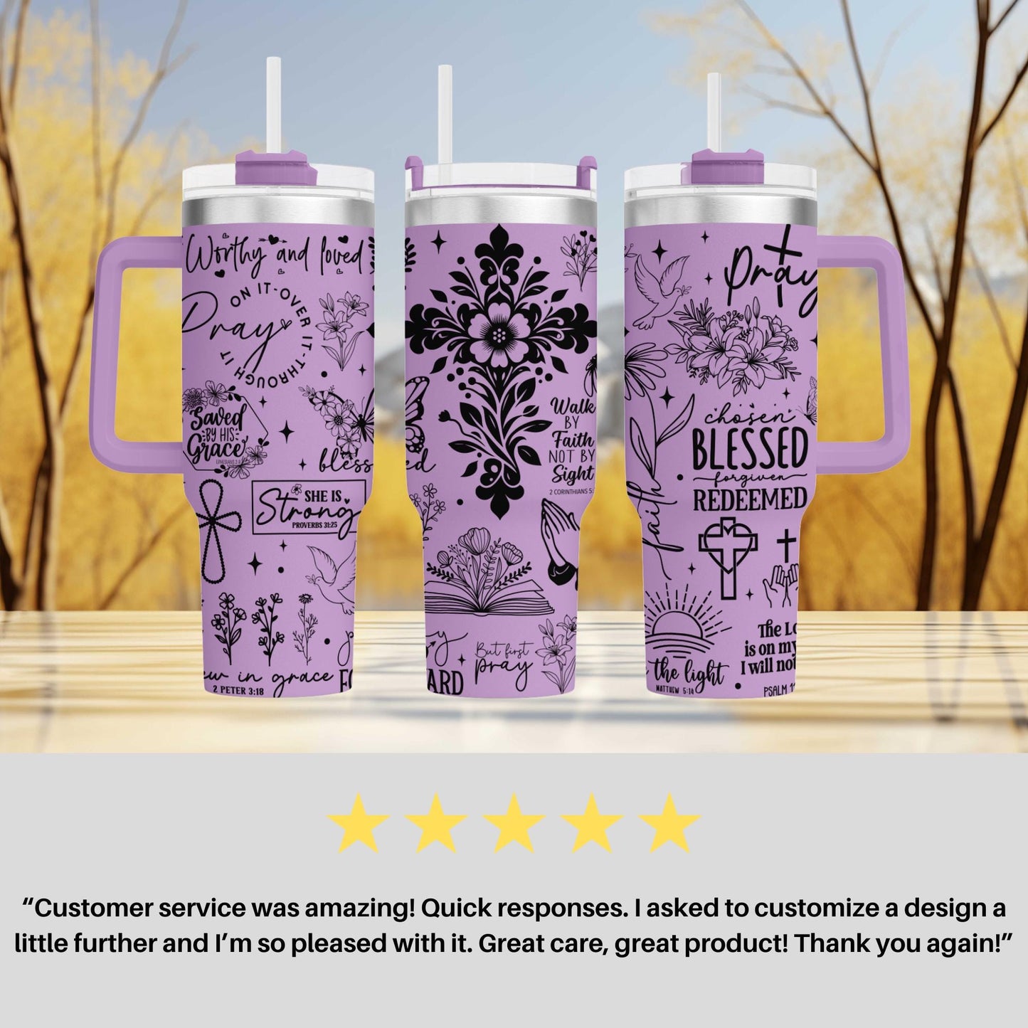three purple travel mugs with different designs on them