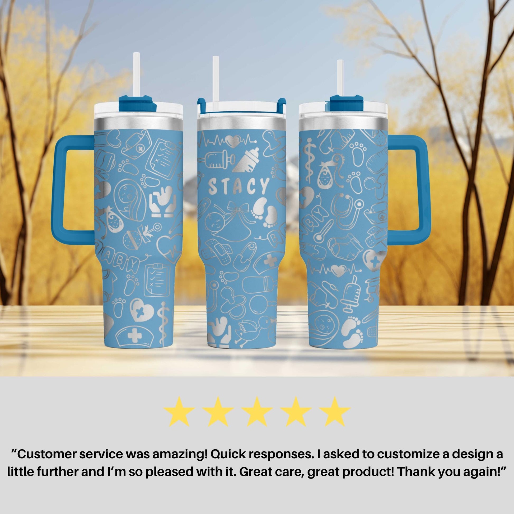 three travel mugs sitting on top of a table
