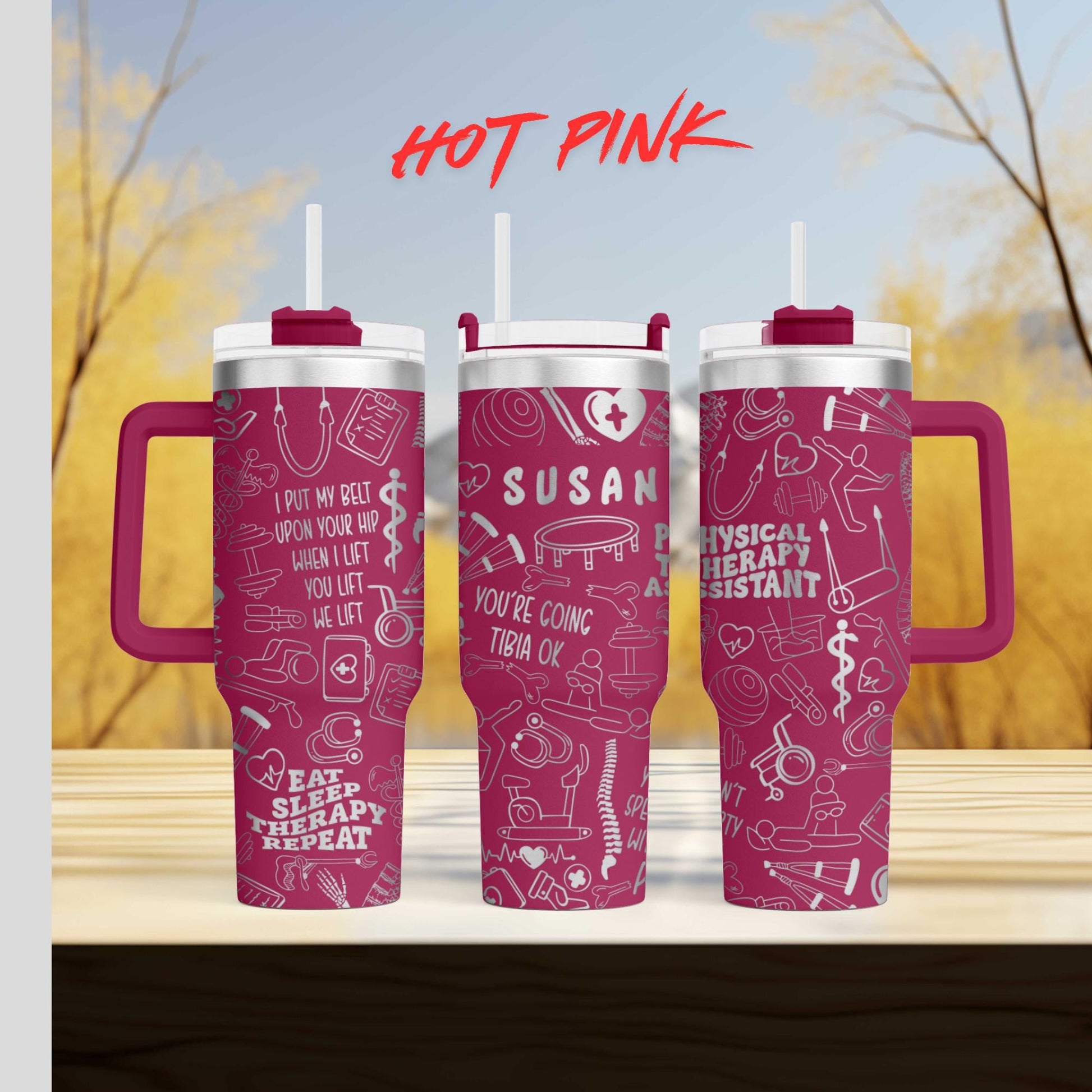 three pink coffee mugs with the words hot pink on them