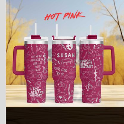 three pink coffee mugs with the words hot pink on them