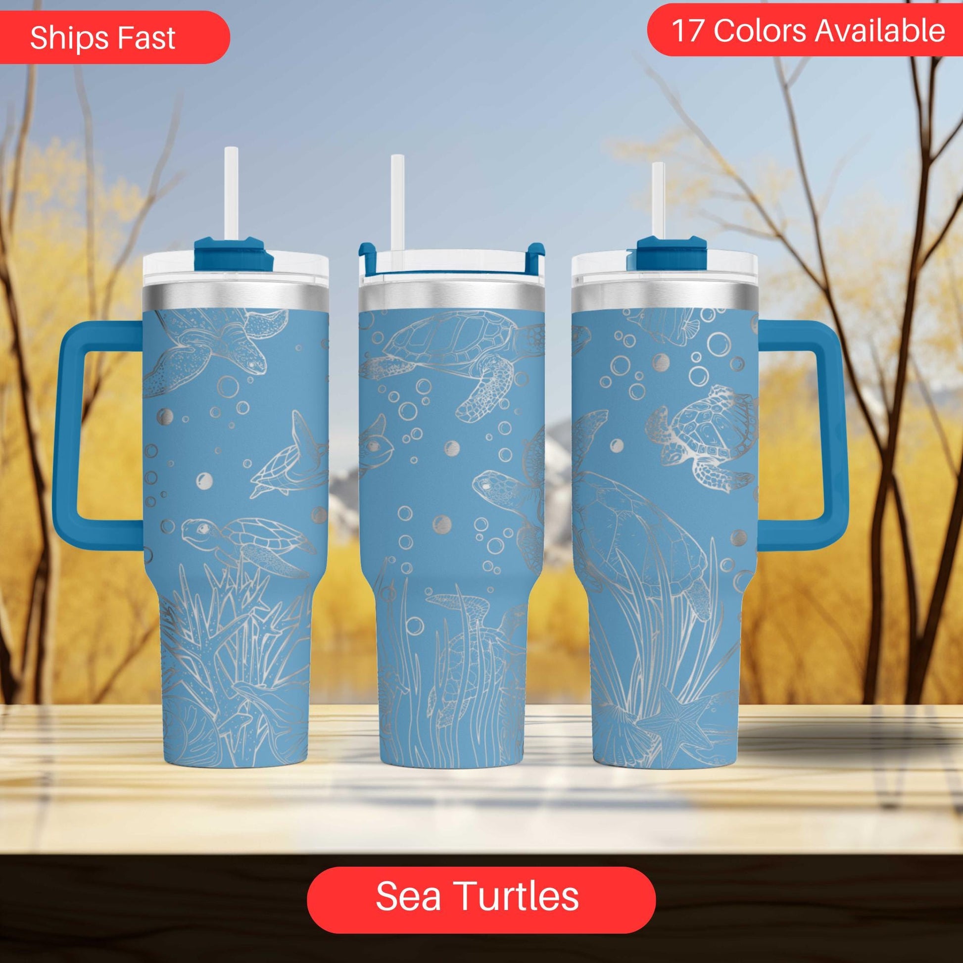 a couple of blue cups sitting on top of a table