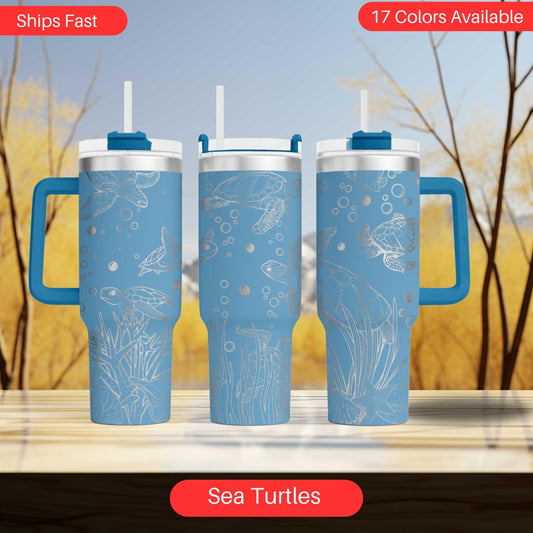 a couple of blue cups sitting on top of a table