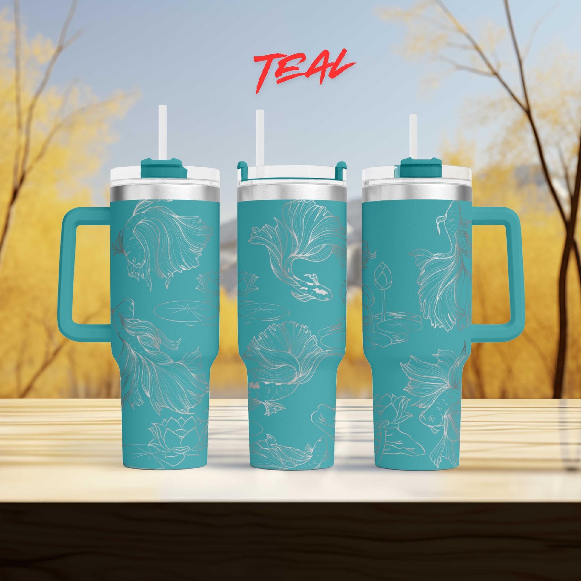 three teal colored coffee cups sitting on top of a wooden table