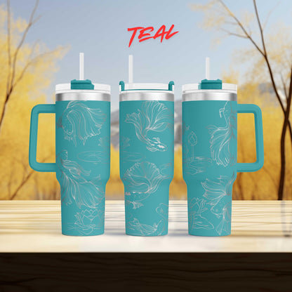 three teal colored coffee cups sitting on top of a wooden table