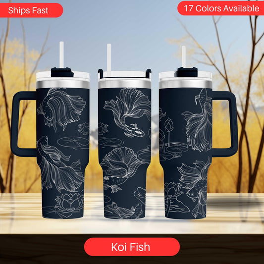 three travel mugs sitting on top of a table
