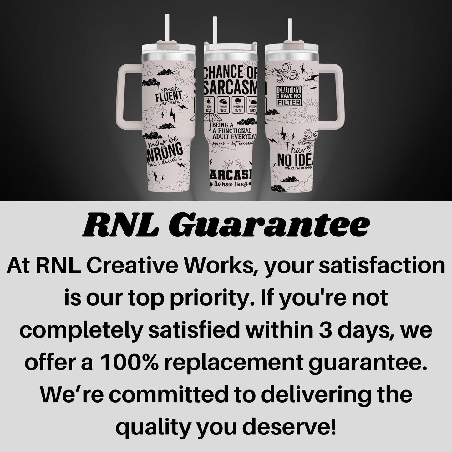 three travel mugs with the words rni guarantee