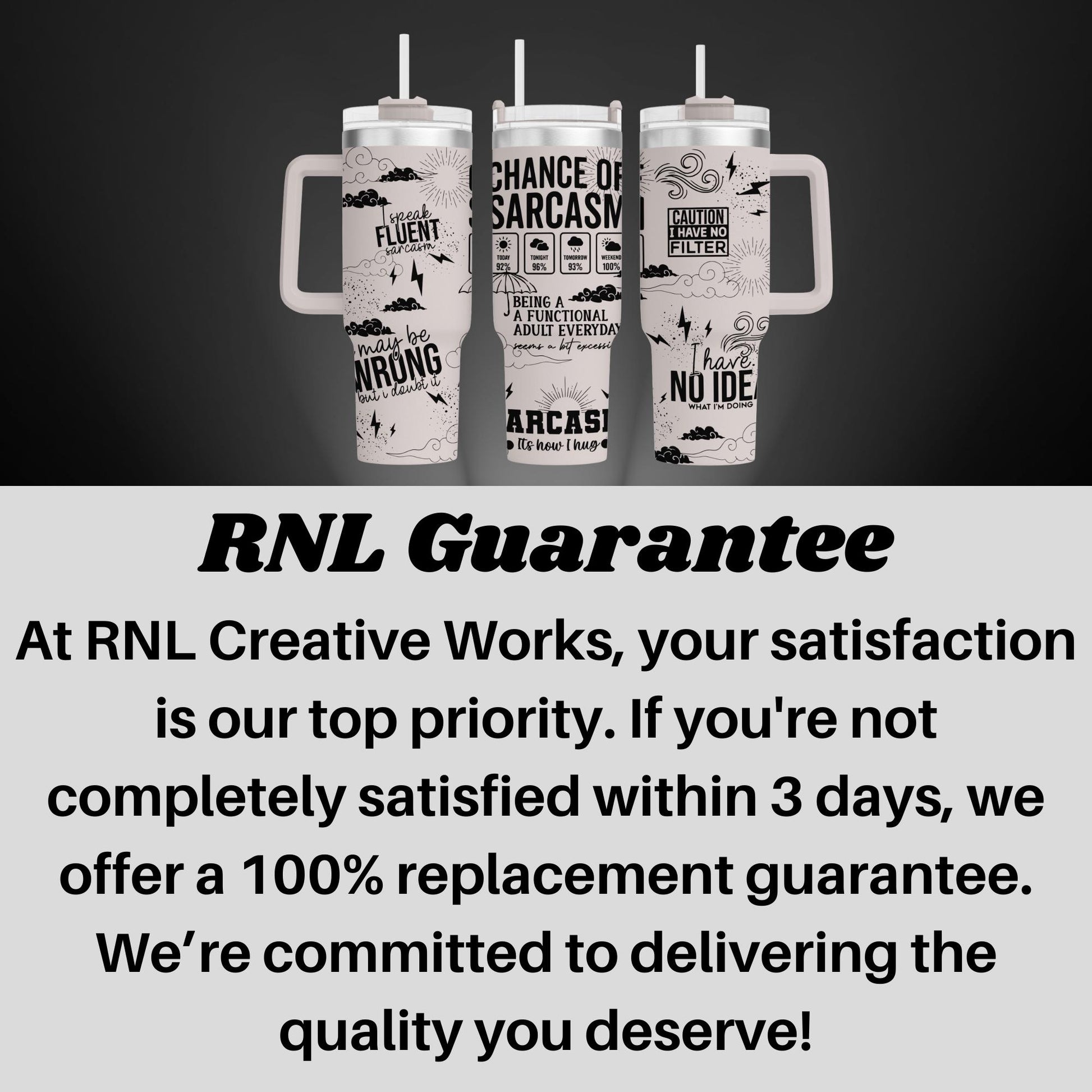 three travel mugs with the words rni guarantee