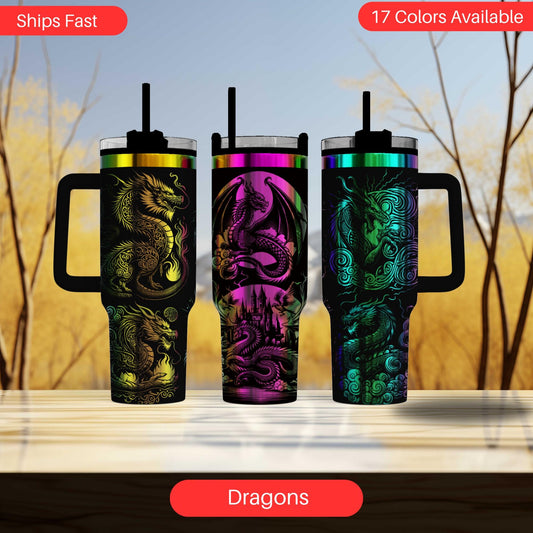 three different colored tumblers sitting on top of a table