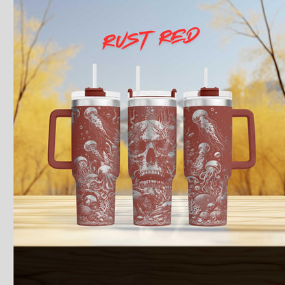 three red coffee mugs sitting on top of a wooden table