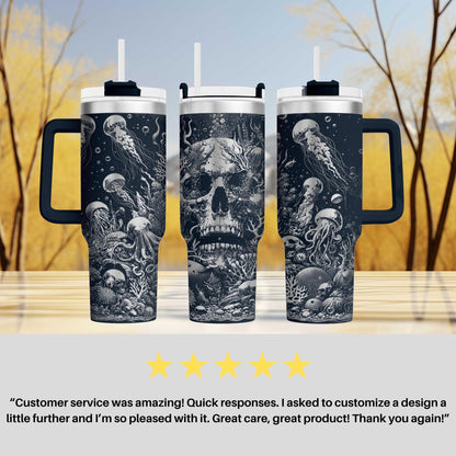 40oz engraved skull and jellyfish tumbler gift custom laser engraved spooky ocean drinkware sea creature cup for her creepy cute birthday present