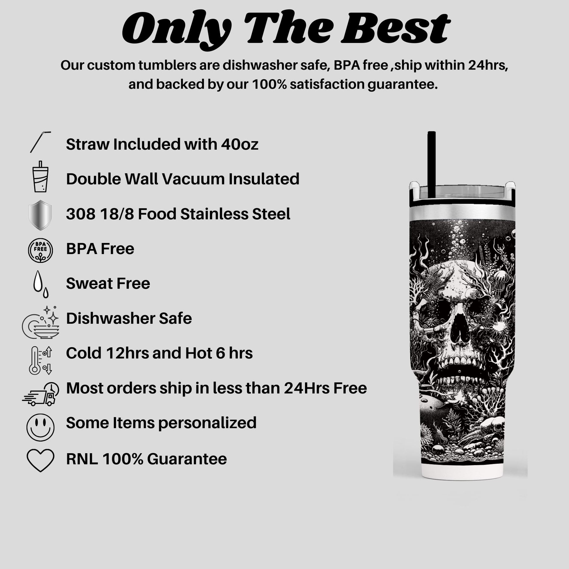 40oz engraved skull and jellyfish tumbler gift custom laser engraved spooky ocean drinkware sea creature cup for her creepy cute birthday present