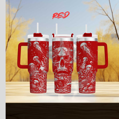 40oz engraved skull and jellyfish tumbler gift custom laser engraved spooky ocean drinkware sea creature cup for her creepy cute birthday present