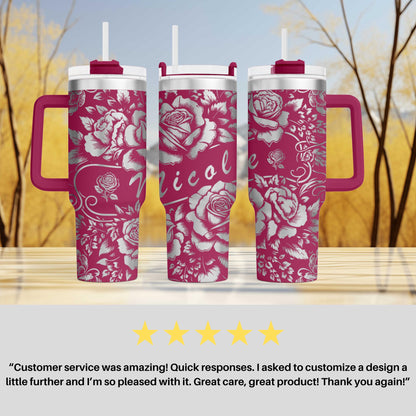 40oz personalized rose tumbler custom engraved stainless steel cup with floral and name design perfect gift for her or birthday present