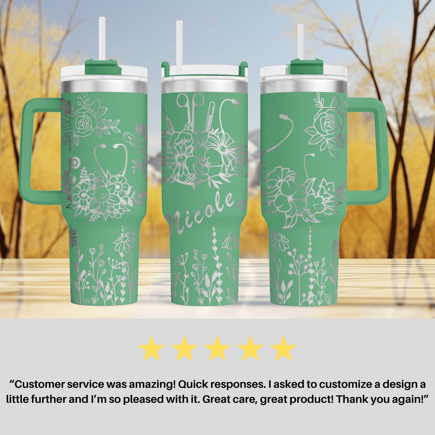 three green travel mugs sitting on top of a table