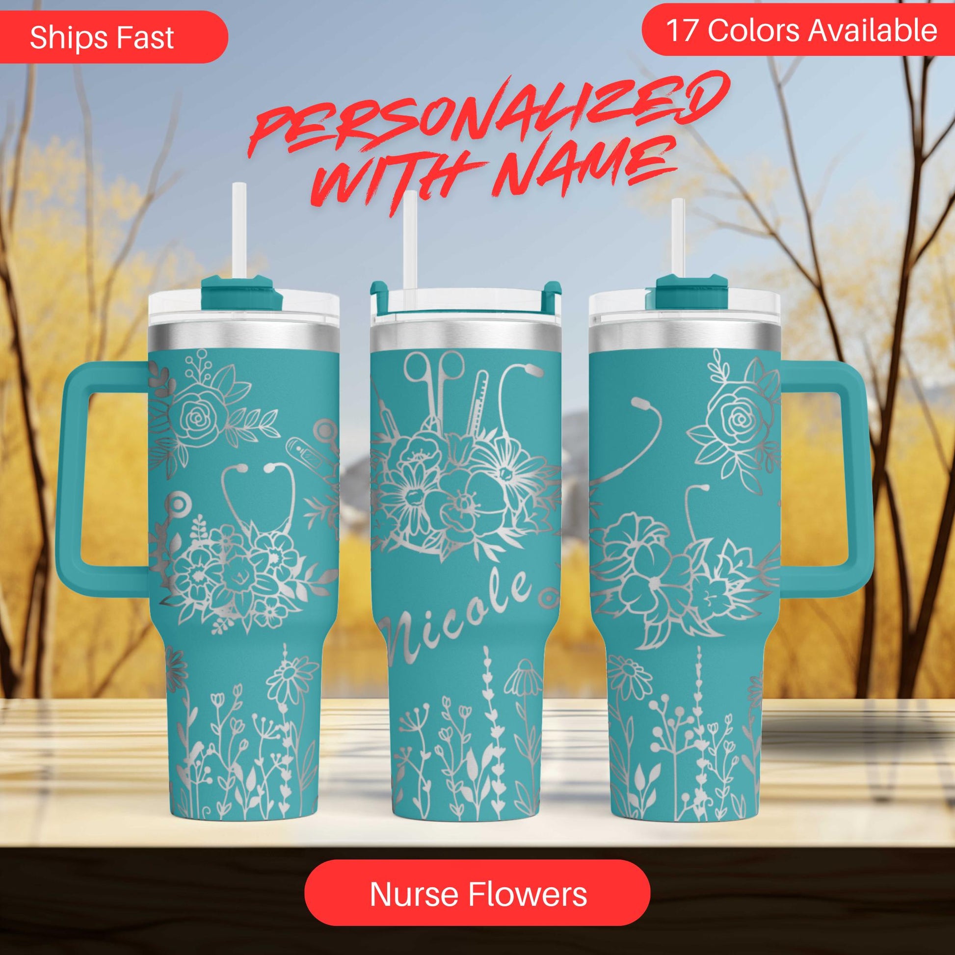 three personalized travel mugs with matching handles